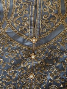 Elegant Grey &amp; Gold Anarkali Kurta Set with embroi