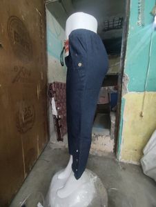 Dark Blue Cropped Pants with Button Detail