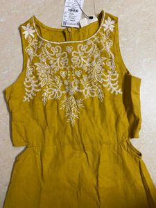 Westside Mustard Embroidered Cutout Midi Dress