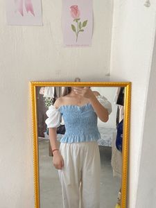 Blue Smocked Off-Shoulder Top