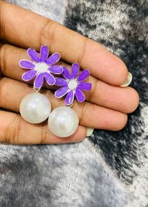 Purple Flower Pearl Drop Earrings