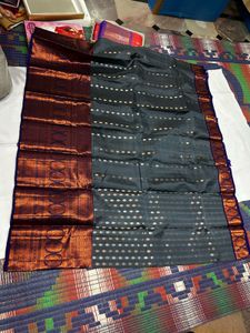 Grey &amp; Blue Pure Kanchipuram Silk Saree