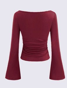 Boat Neck Solid Ruched Long Sleeve Top in Cherry R