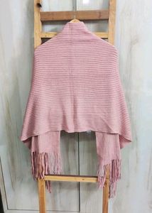 Pink Knit Stole with Fringe Full Size