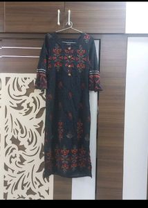 Navy Blue Block Print Straight Kurta Set