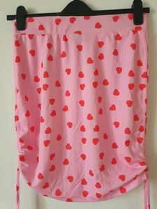 Pink Heart Print Drawstring Mini Skirt