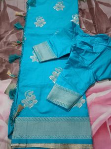 Blue Saree With Silver Print And Border