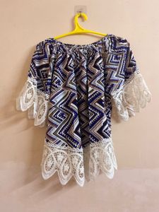 Patterned Beechy Top Bohemian Blue White
