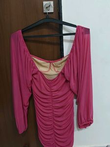 Hot pink ruched mini dress