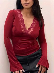 Burgundy Lace Trim Long Sleeve Top