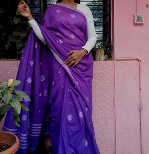 Purple Cotton Saree with readymade blouse and foun