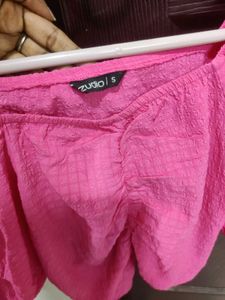 Pink Puff Sleeve Ruched Crop Top