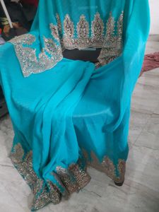 Teal &amp; Gold Embroidered Saree