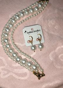 Three Layer White Pearl Necklace With Earrings