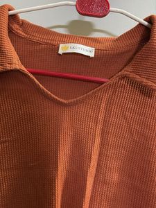 Orange Ribbed Polo Top