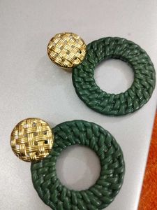 Green & Gold Woven Circle Earrings