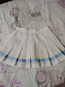 White Pleated Skirt with Blue Stripe