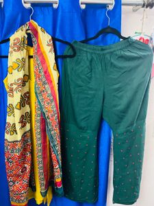 Yellow Kurti with Green Palazzos