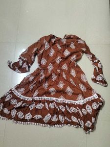 Brown Printed Long Sleeve Dress
