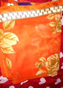 Floral Print Orange Saree