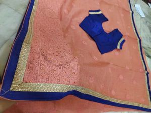 Peach Saree with Blue Blouse 💕