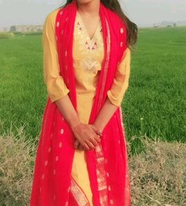 Elegant Yellow Kurta with Red Dupatta yello