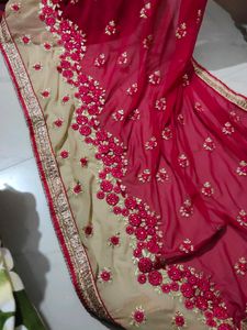 Magenta And Beige Saree Blouse Unstitched Attached