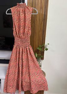 Coral Floral High Neck Smocked Dress