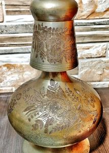Vintage Etched Brass Vase and Cup Set