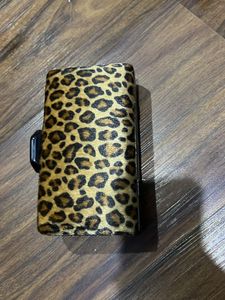 Tiger Print Clutch With Black Metal Chain Sling