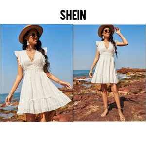 Shein White Eyelet Ruffle Sleeve Dress