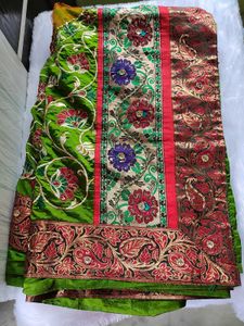 Green Embroidered Saree With Stiched Blouse