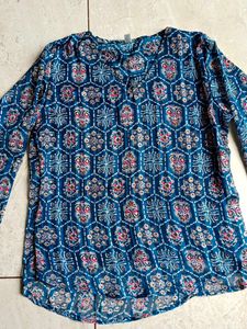 Blue Patterned Bell Sleeve Blouse