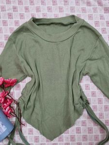 Cute Green Long Sleeve Top With Side Strings