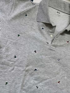 Uniqlo Men Cotton Mix Grey Printed Polo Tshirt
