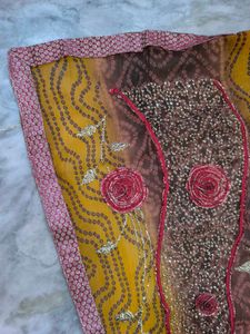 Brown &amp;Yellow Rajasthani Tie Dye Heavywork Saree