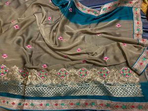Golden Flower Work Saree