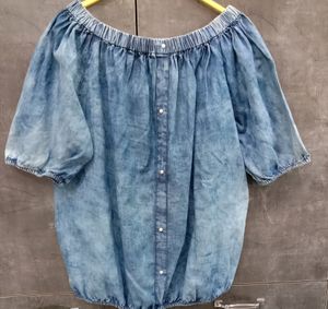 Women blue off shoulder bardot top