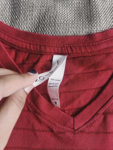 Striped Unisex Red V-Neck T-Shirt