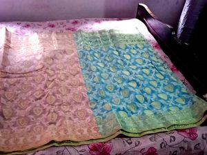 All Over Zari Work Half-Half Saree| Cyan Blue-Pink