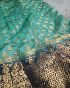 Blue &amp; Gold Sari With Designer Blouse