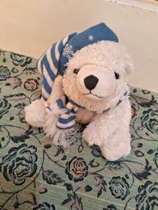 Polar Bear Whit Snowflakes Blue Striped Hat &amp;scarf