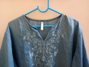 Embroidered Blue Denim Tunic Top
