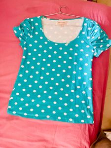 Sea Green Polka Dot Ruched Puff Sleeves Top