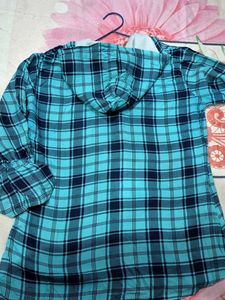 Blue Checkered Hooded Top