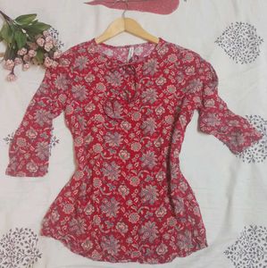 Cute Red Floral Print Top, Size-S