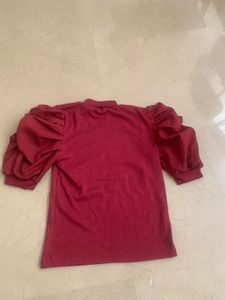 Wine Red Puff Sleeve Top with Mock Neck