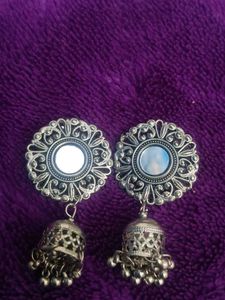 Silver Jhumka Earrings with Mirrors
