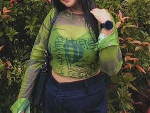 Green Printed Mesh Top
