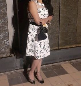 Off White Black Printed Branded Dress Knee Leng